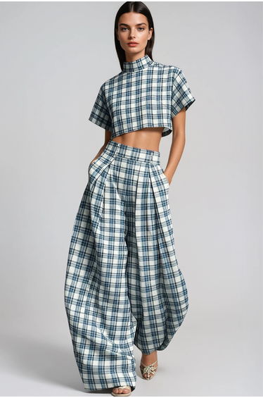 Hapi Plaid Crop Baggy Pants Set