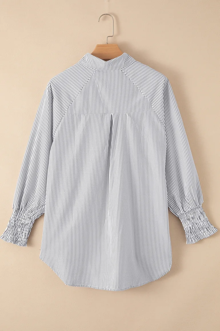 Lvness Smocked Cuffed Striped Boyfriend Shirt with Pocket - 7
