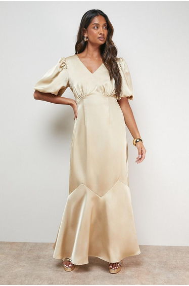 Satin Puff Sleeve V Neck Fishtail Maxi Dress