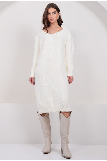 Women's Ecru V-Neck Midi Length Knitwear Dress