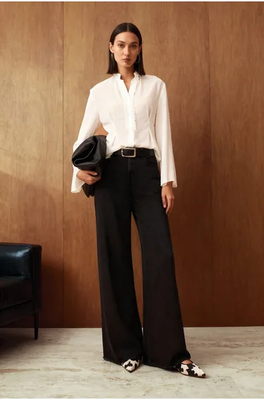 White Crew Neck Ruffle Detailed Shirt