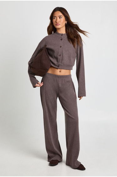 Brushed Rib Boxy Cardigan & Trouser Co Ord - chocolate
