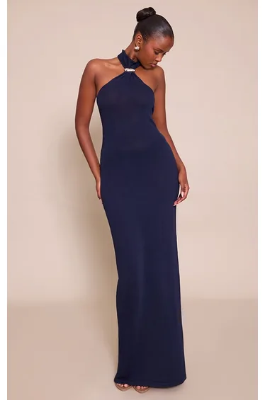 فستان ماكسي محبوك بياقة هالتر - كحلي