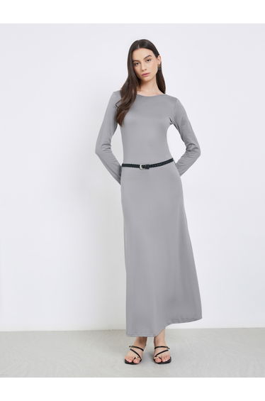 Grey Solid Midi Dress with Belt