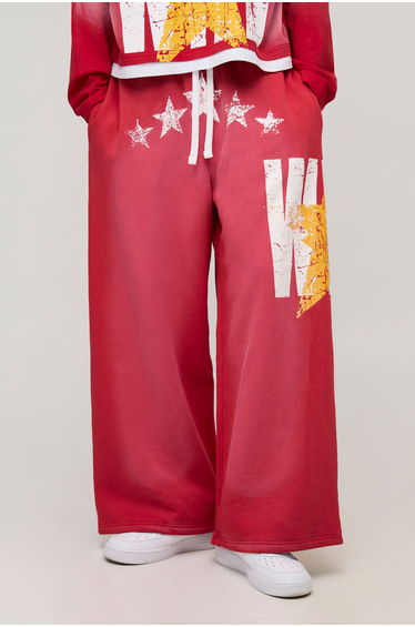 Extreme Wide Leg Faux Boxer Western Wild Star Graphic Washed Jogger - red