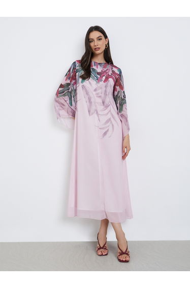 Leaf Printed Bell Sleeve A-Line Maxi Dress