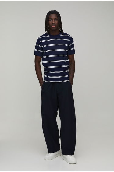 Boxy Fit Stripe Knitted T-Shirt - navy