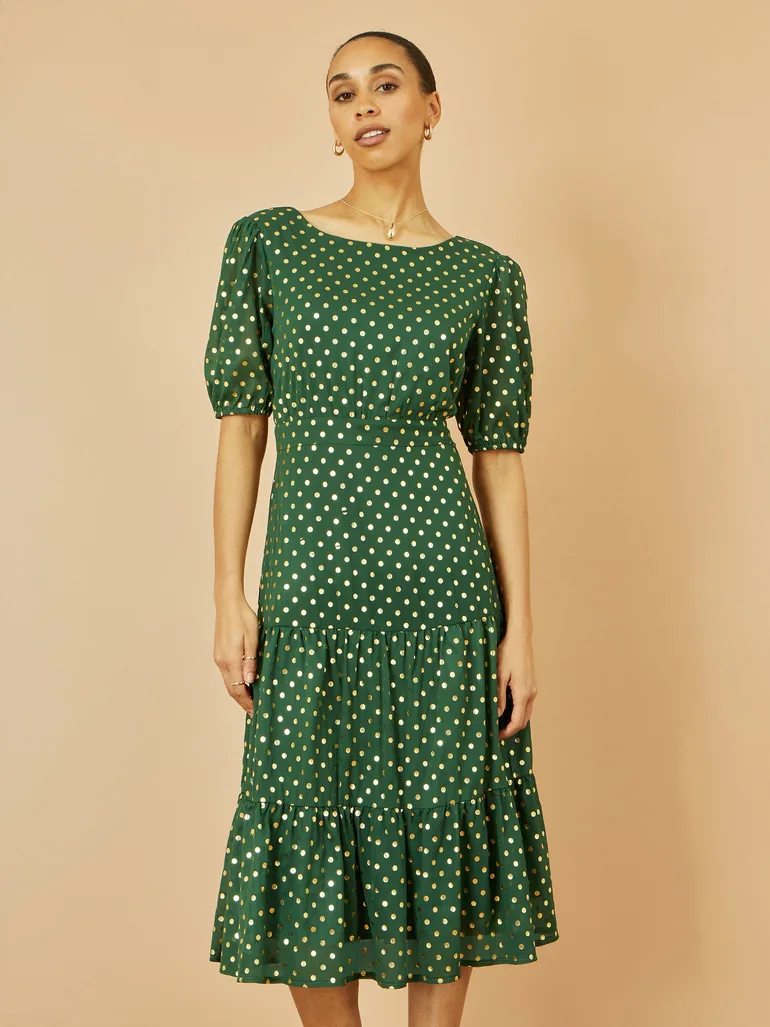 Yumi Green Gold Foil Spot Midi Dress With Scoop Back Yumi Multicolour : Day  Dresses : VogaCloset Oman