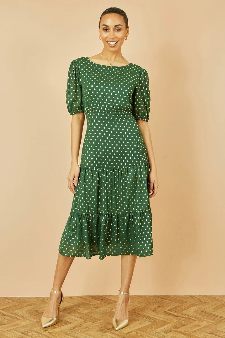 Yumi Green Gold Foil Spot Midi Dress With Scoop Back Yumi Multicolour : Day Dresses : VogaCloset Oman Yumi Green Gold Foil Spot Midi Dress With Scoop Back Yumi Multicolour : Day Dresses : VogaCloset Oman