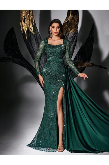 QOQ Green Sequin Mermaid Evening Dress