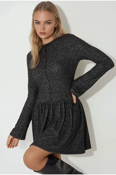 Crew Neck Long Sleeve Skater Mini Dress with Button Detail