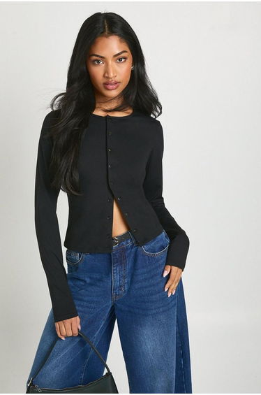 Peached Sculpt Popper Through Long Sleeve Top - black
