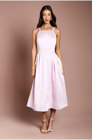 Satin Bow Shoulder Pleated Midi Dress