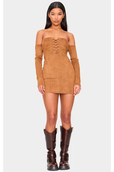 Tan Faux Suede Lace Up Detail Bardot Bodycon Dress