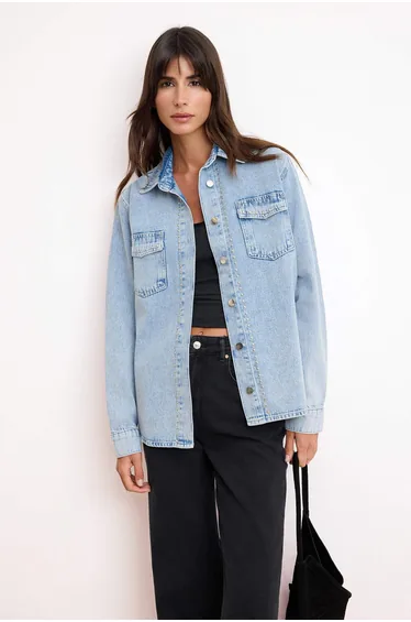 Light Blue Trok Detailed Regular 100% Cotton Oversize Denim Shirt Jacket