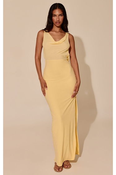 Lemon Chiffon Extreme Cowl Sleeveless Maxi Dress