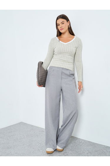 Grey Ribbed V Neck Slim Fit T-Shirt with Contrast Trim