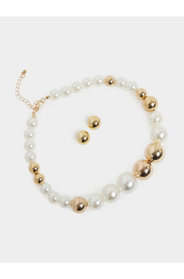 Faux Pearl Beaded Necklace and Stud Earring Set