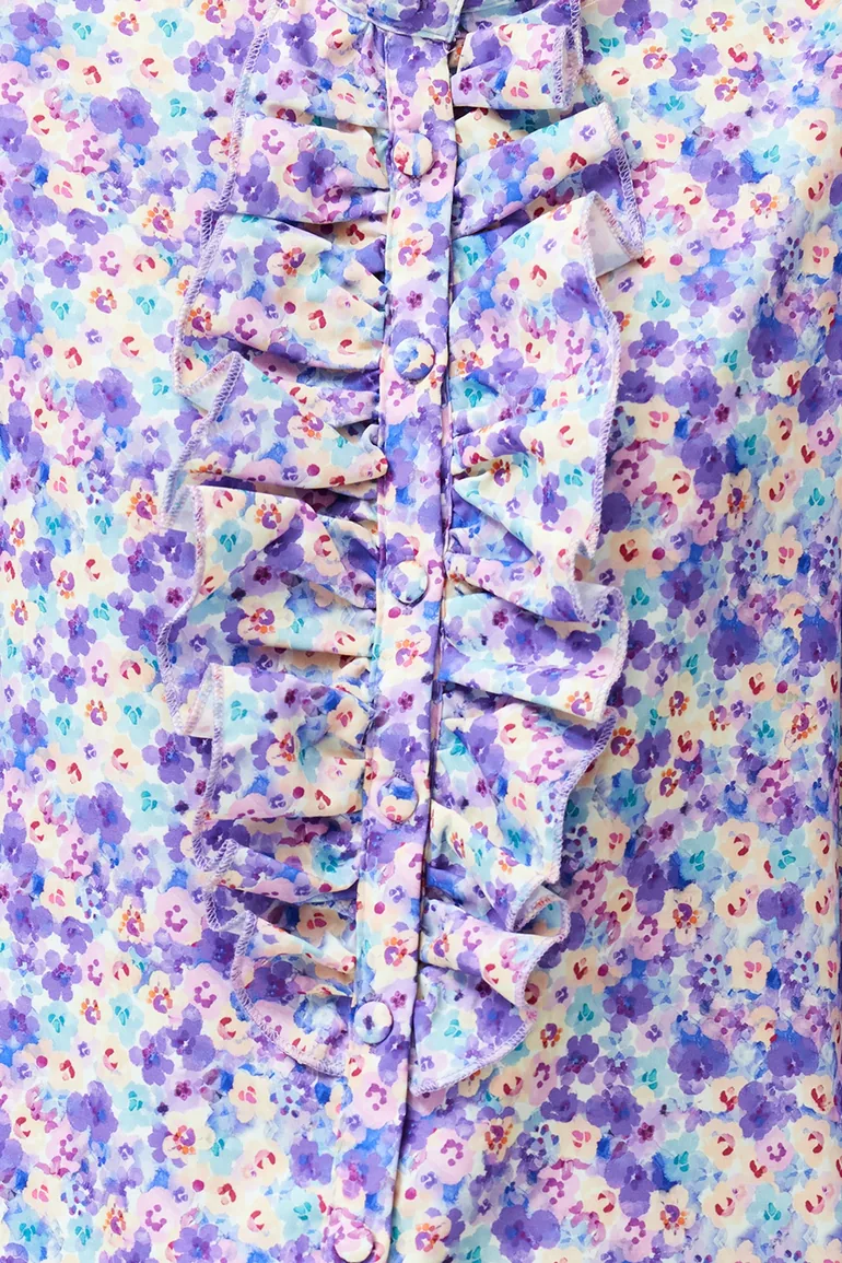 Purple High Neck Frilly Chiffon Floral Woven Shirt - 3
