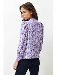 Purple High Neck Frilly Chiffon Floral Woven Shirt - 5