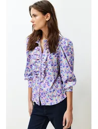 Purple High Neck Frilly Chiffon Floral Woven Shirt - 2