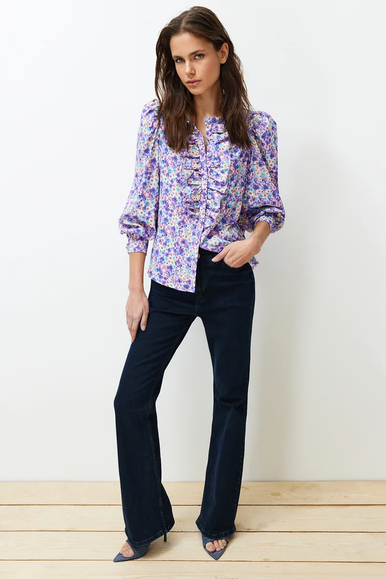 Purple High Neck Frilly Chiffon Floral Woven Shirt