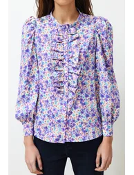 Purple High Neck Frilly Chiffon Floral Woven Shirt - 4