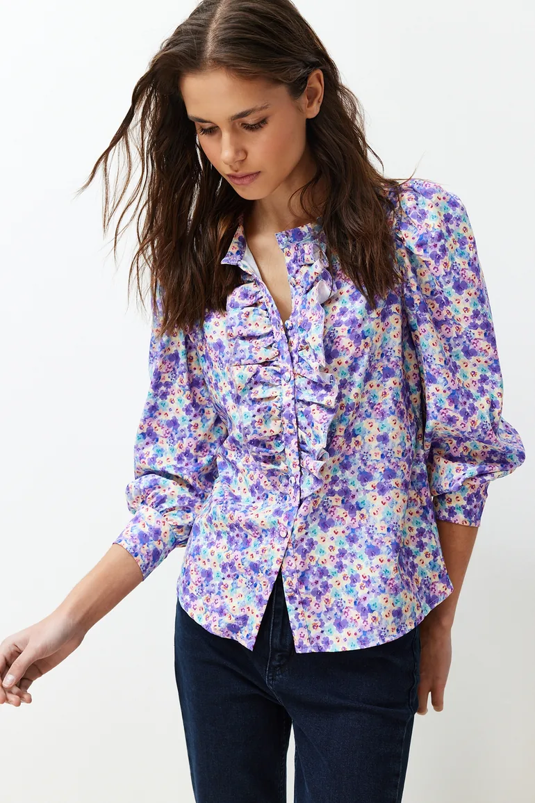 Purple High Neck Frilly Chiffon Floral Woven Shirt - 1