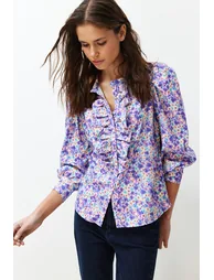 Purple High Neck Frilly Chiffon Floral Woven Shirt - 1