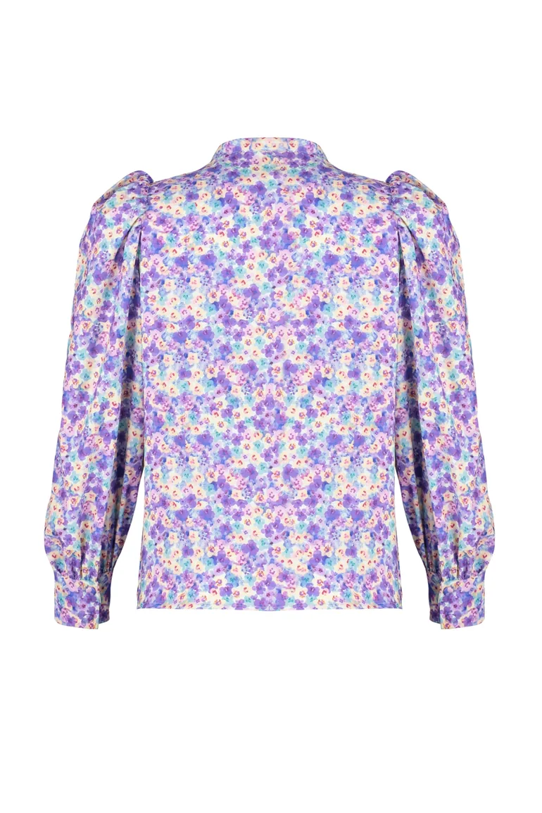 Purple High Neck Frilly Chiffon Floral Woven Shirt - 6