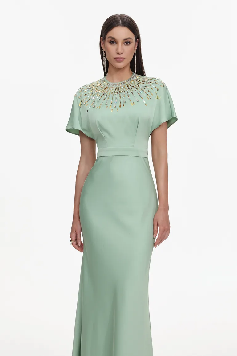 Lacey Elegant Tailored Short Sleeve Crystal Embellished Satin Maxi Dress - 1