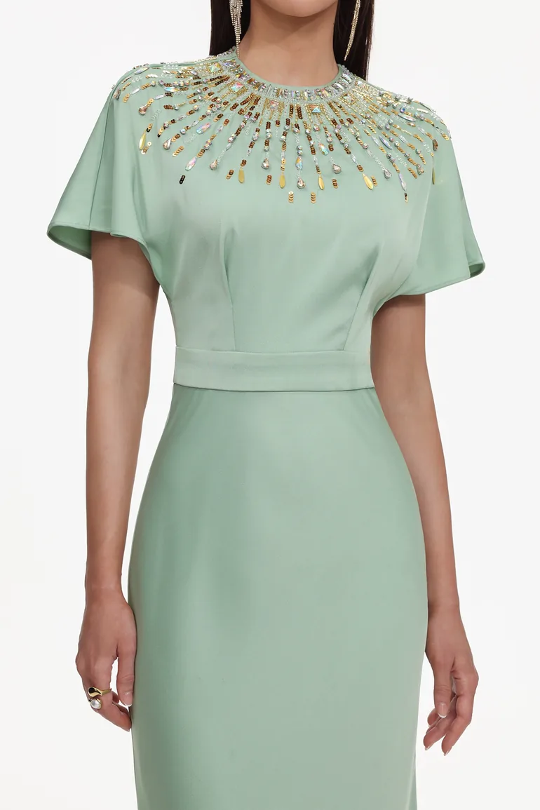 Lacey Elegant Tailored Short Sleeve Crystal Embellished Satin Maxi Dress - 4