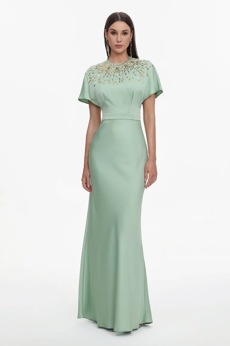 Lacey Elegant Tailored Short Sleeve Crystal Embellished Satin Maxi Dress