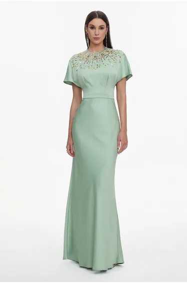Lacey Elegant Tailored Short Sleeve Crystal Embellished Satin Maxi Dress