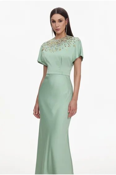 Lacey Elegant Tailored Short Sleeve Crystal Embellished Satin Maxi Dress