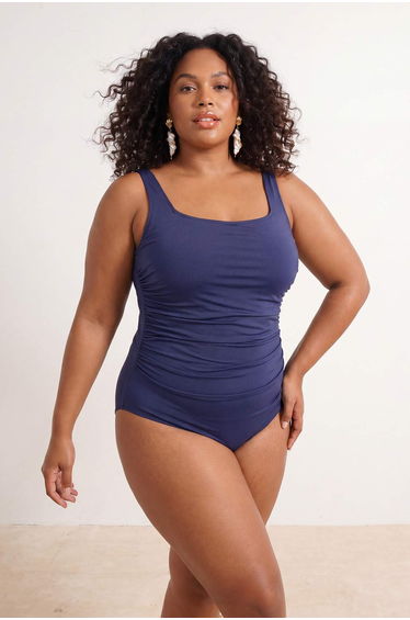 Navy Blue Square Neck Shirred Plus Size Swimwear