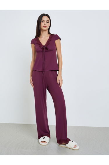 Women Burgundy Lace Trim Top and Pyjama Set