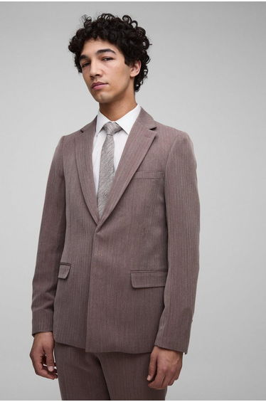 Slim Fit Herringbone Suit Blazer - brown