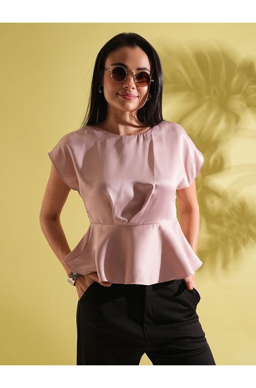 Women Pink Satin Extended Sleeves Peplum Top