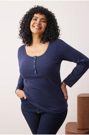 Navy Blue Knitted Button Detailed Plus Size Blouse
