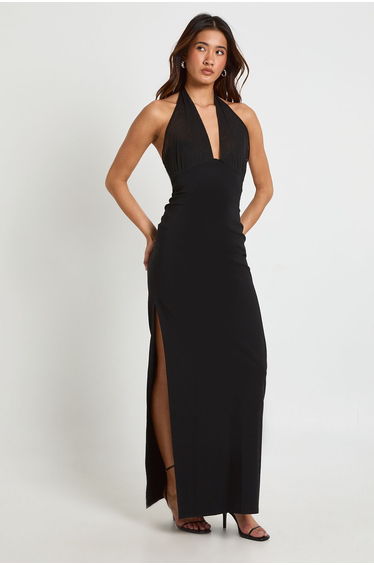 Bengaline Midaxi Dress With Mesh Halterneck - black