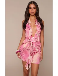 Pink Floral Ruffle Plunge Flower Trim Mini Dress - 1