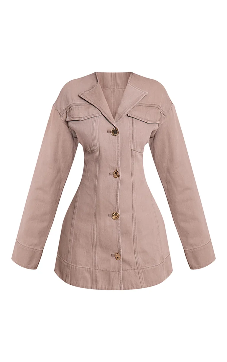 Petite Mushroom Button Detail Long Sleeve Denim Dress - 4