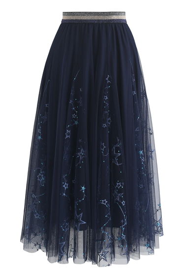 Dazzling Stars Tulle Midi Skirt in Navy