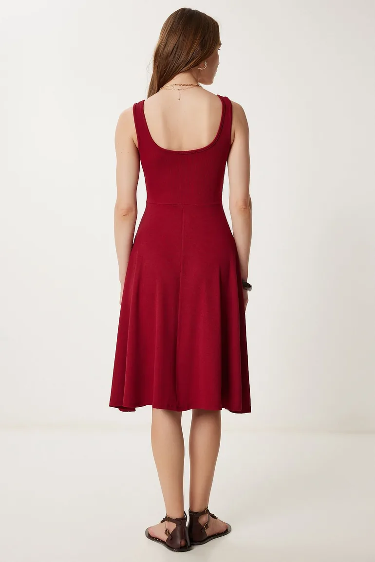 Women's Burgundy Strap Summer Ribbed Knitted Midi Dress - 4