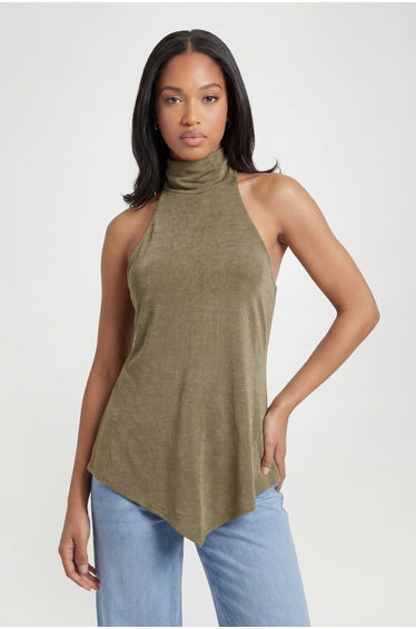 Acetate Slinky High Halterneck Asymmetric Top - olive