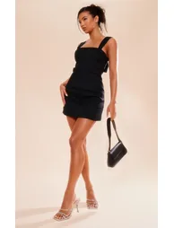 Black Twill Cut Out Bow Shift Dress