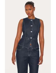 Raw Indigo Round Neck Longline Denim Waistcoat - 5