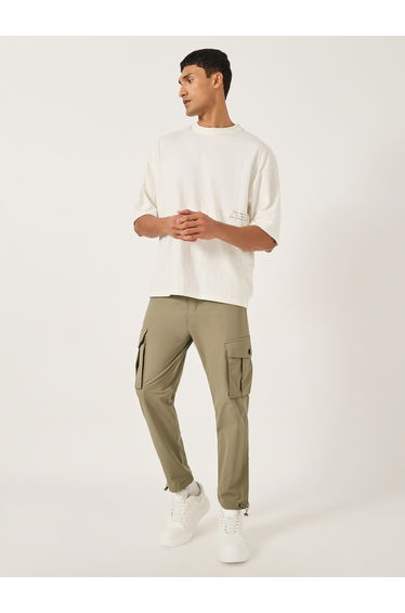 Men Brown Solid Cargo Pants with Drawstring Hem