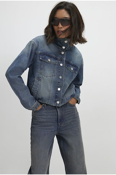 Blue Funnel Neck Denim Bomber Jacket